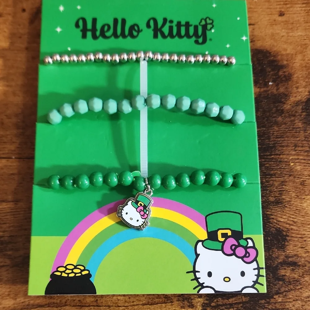Hello Kitty Green Beaded Bracelet Trio with Charm